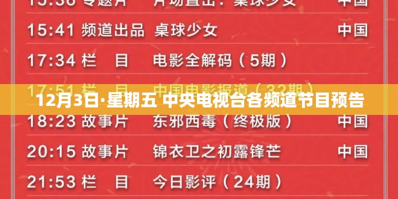 12月3日·星期五 中央电视台各频道节目预告 12月3日·星期五 中央电视台各频道节目预告